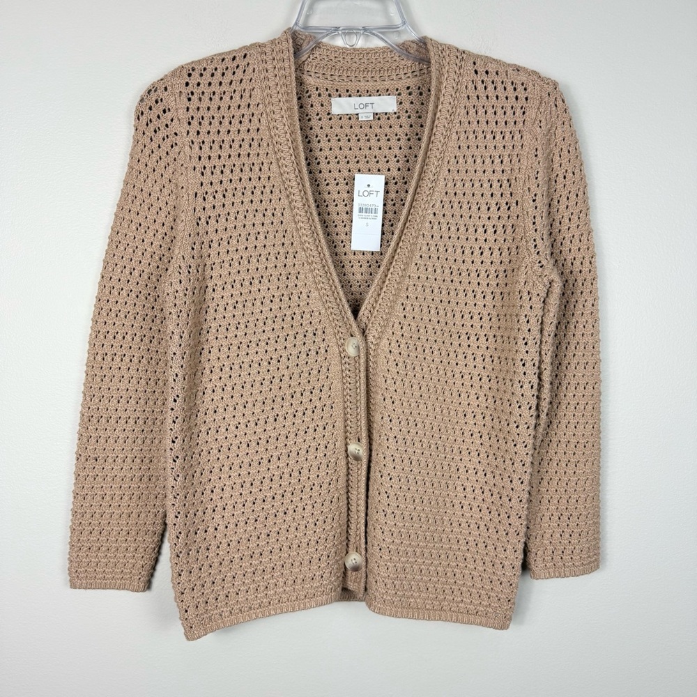 Loft Crochet Cardigan Button Front Womens Small V-Neck Long Sleeve Tan Brown
